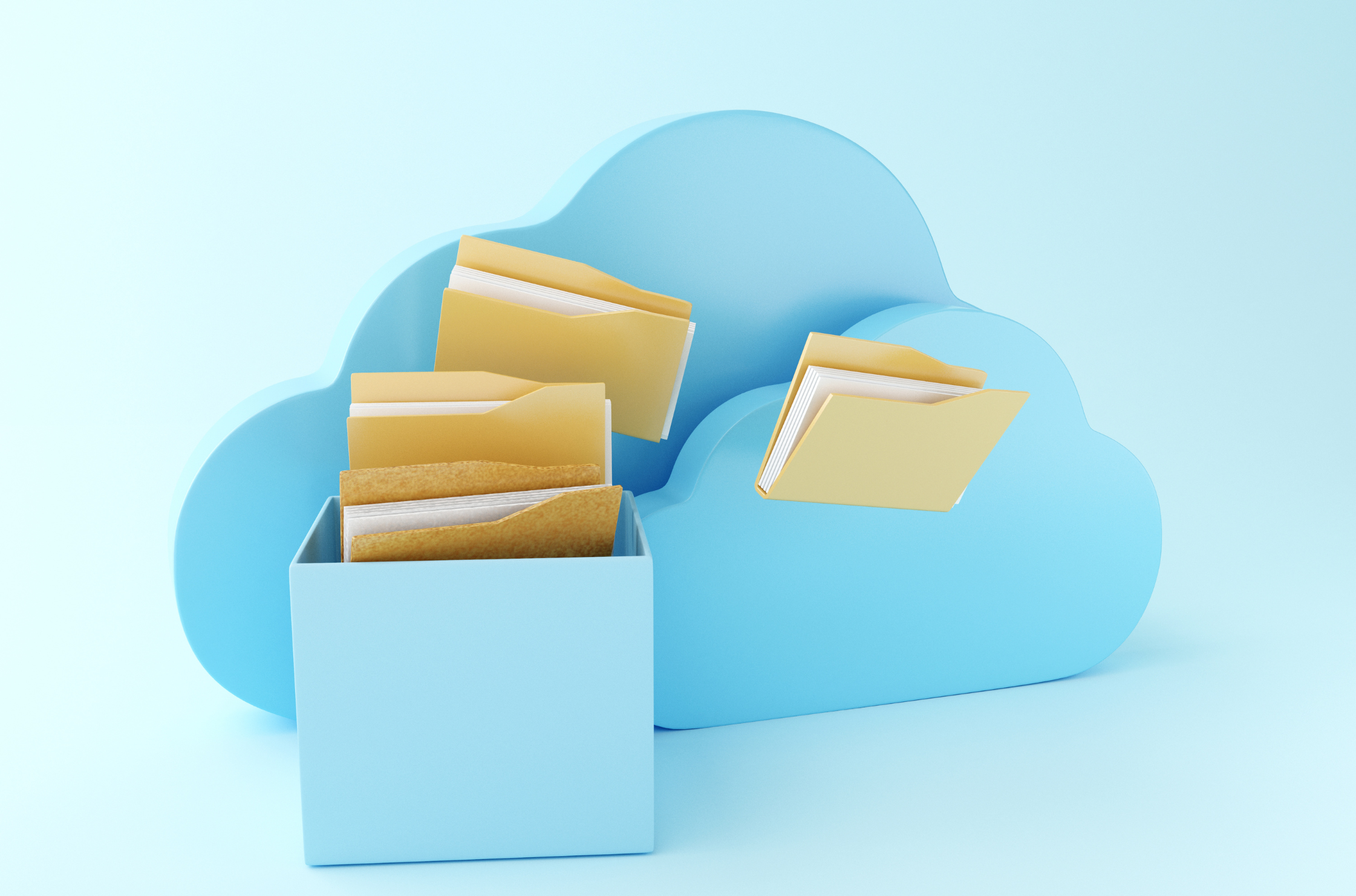 Yellow file folders attached to a blue cloud represent moving from hard files to a cloud environment.