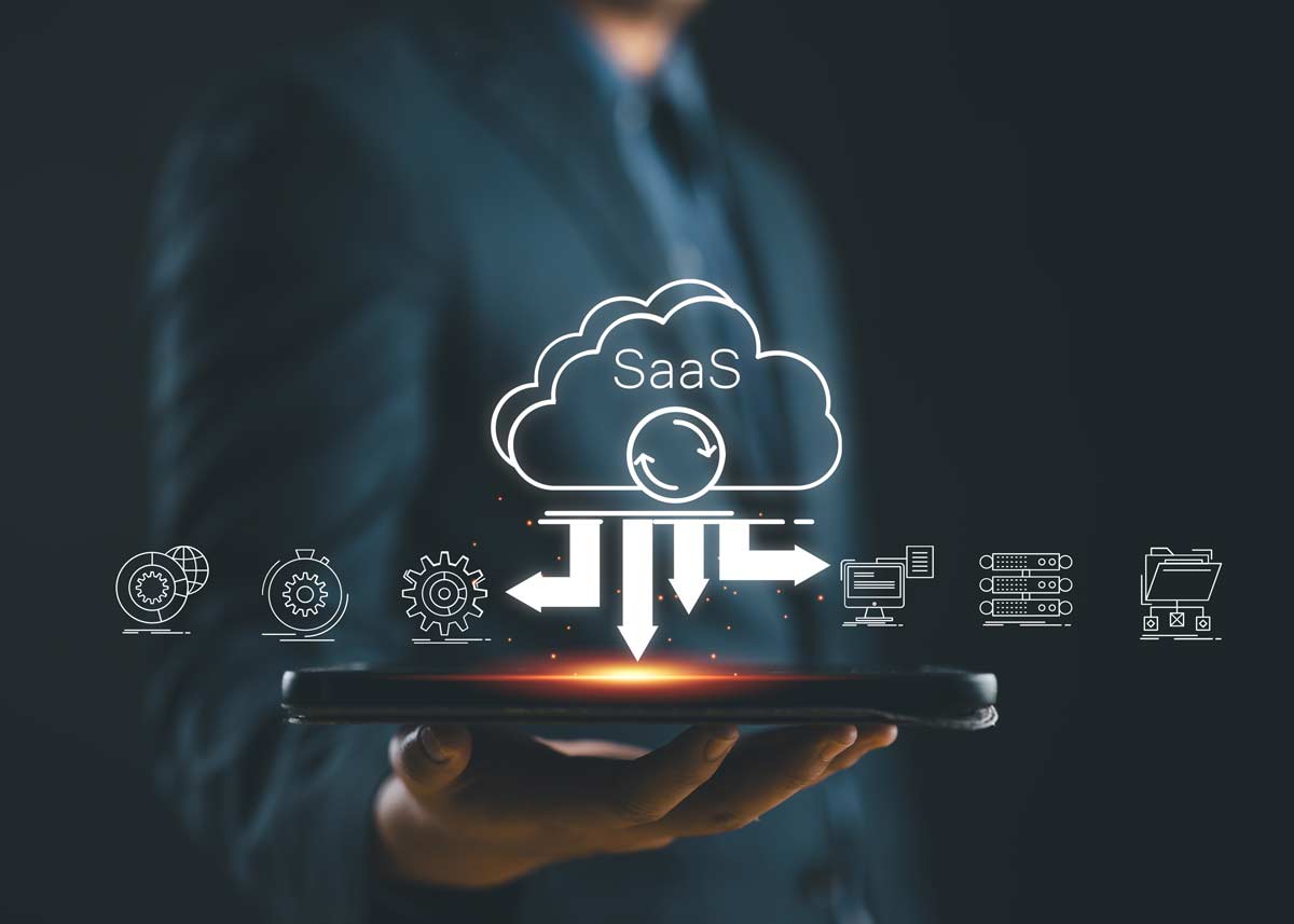 Illustration of software components using SaaS on cloud with a man holding a device