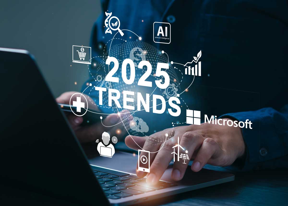 laptop with technology graphics and wording 2025 trends