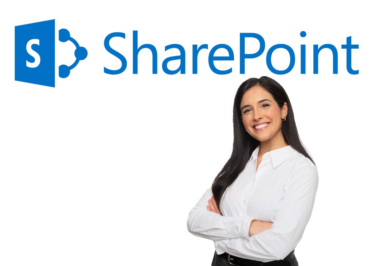 SharePoint Online logo with Businesswoman under it