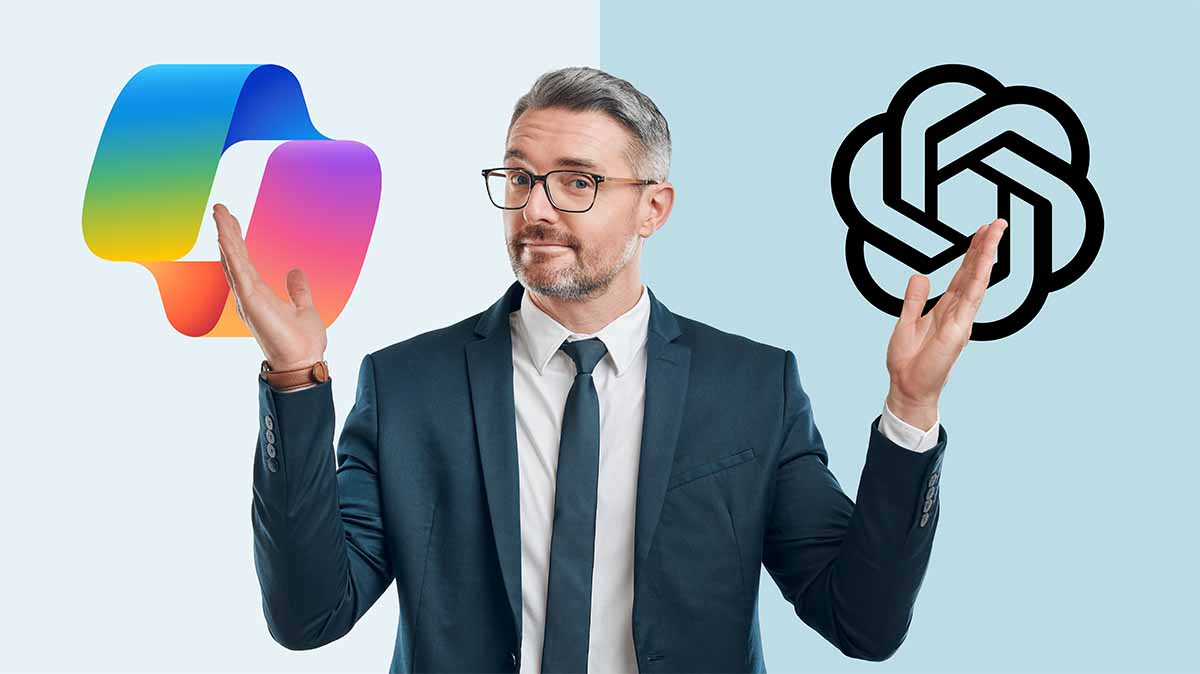 Person with hands presenting icons of copilot and chatgpt